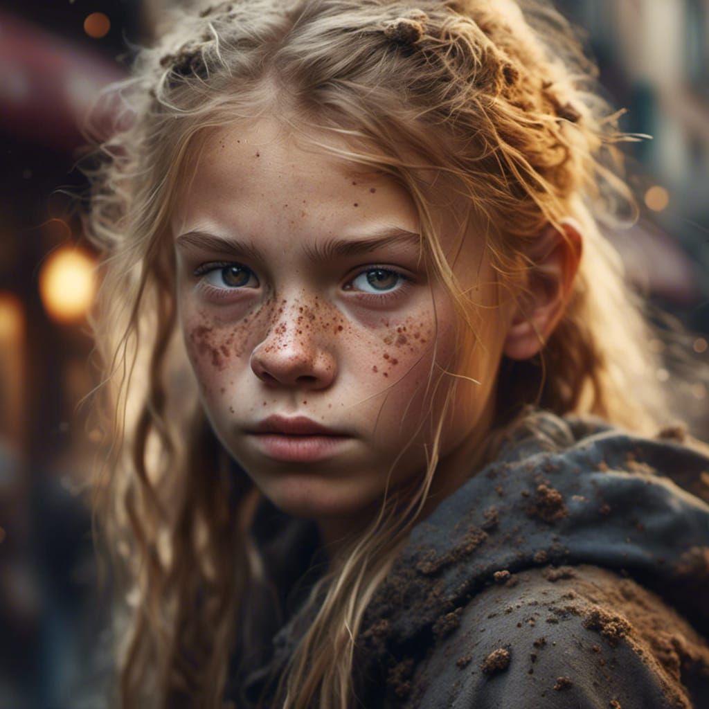Freckled Urchin Girl Portrait in Soft Focus