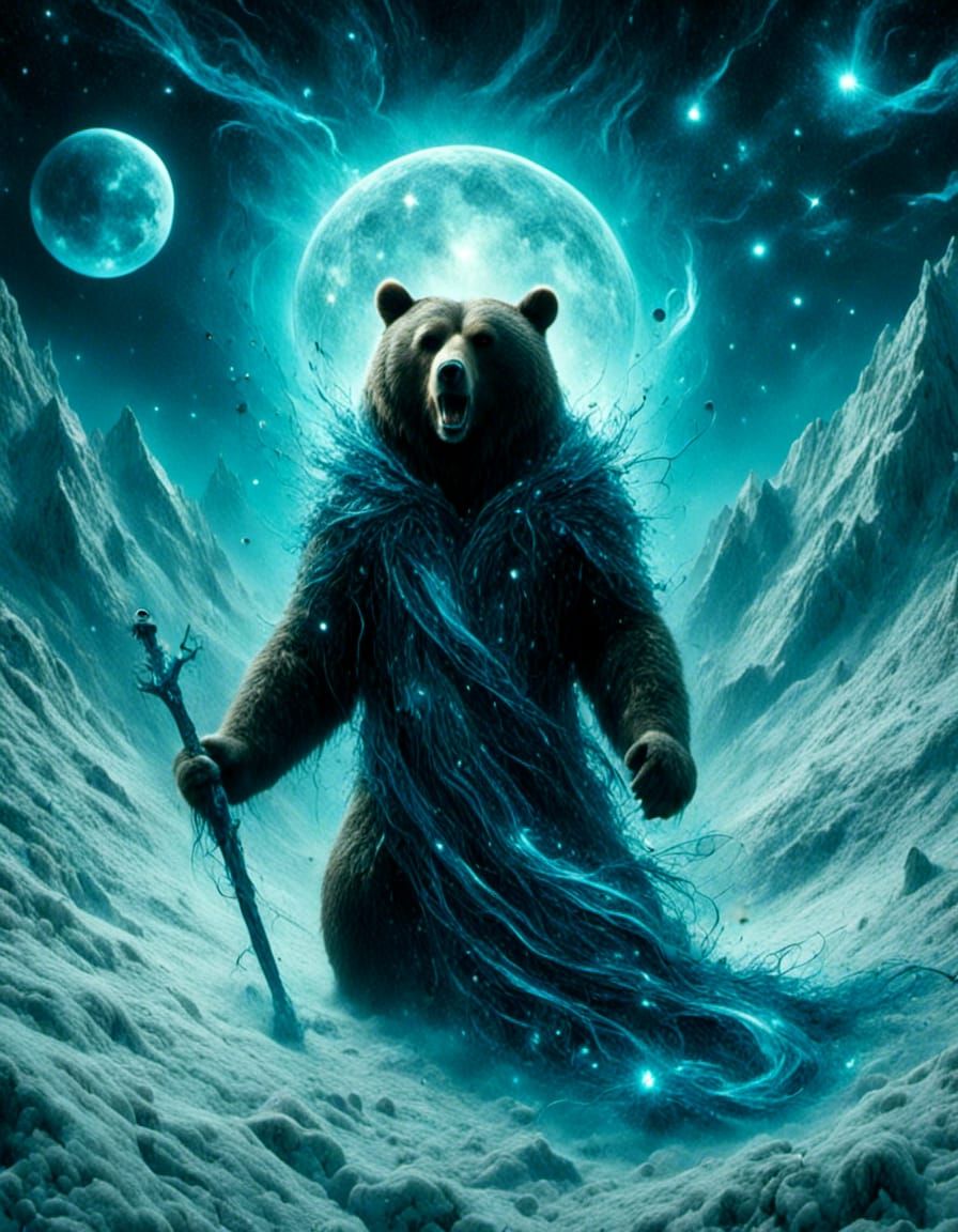 Surreal Bear-Paw Man Touches Snow: Oil Painting