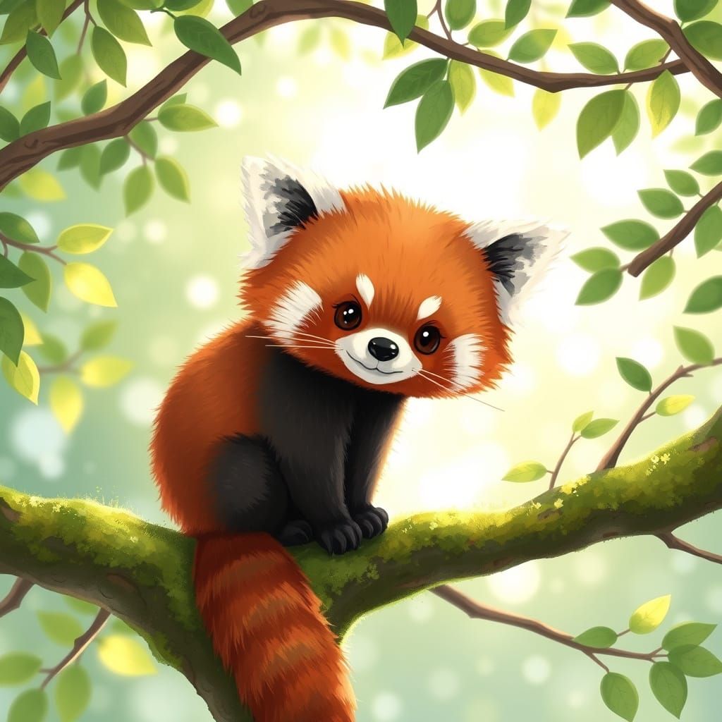 Cute Red Panda on Tree Branch in Whimsical Illustration Styl...