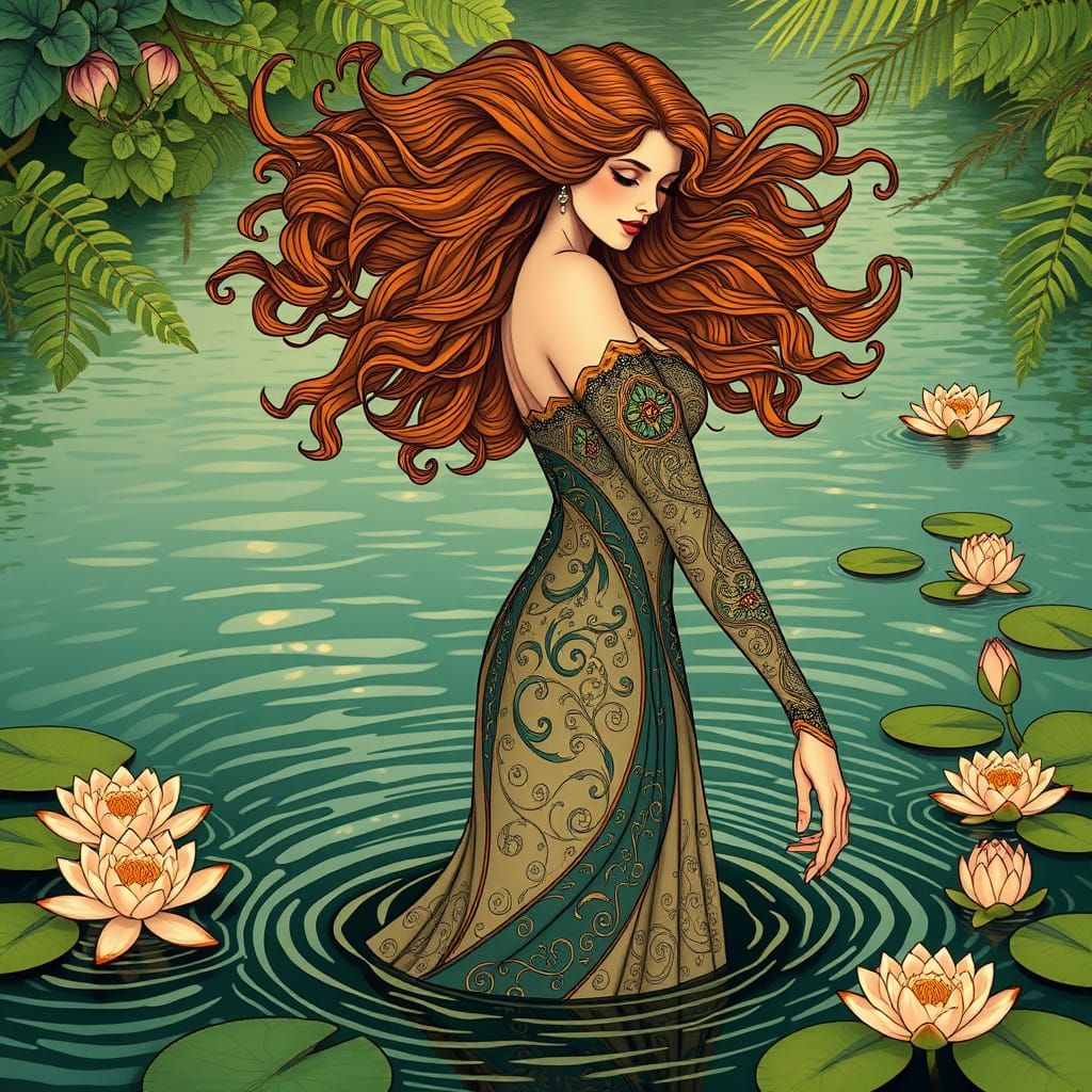 Elegant Woman in Art Nouveau River Scene