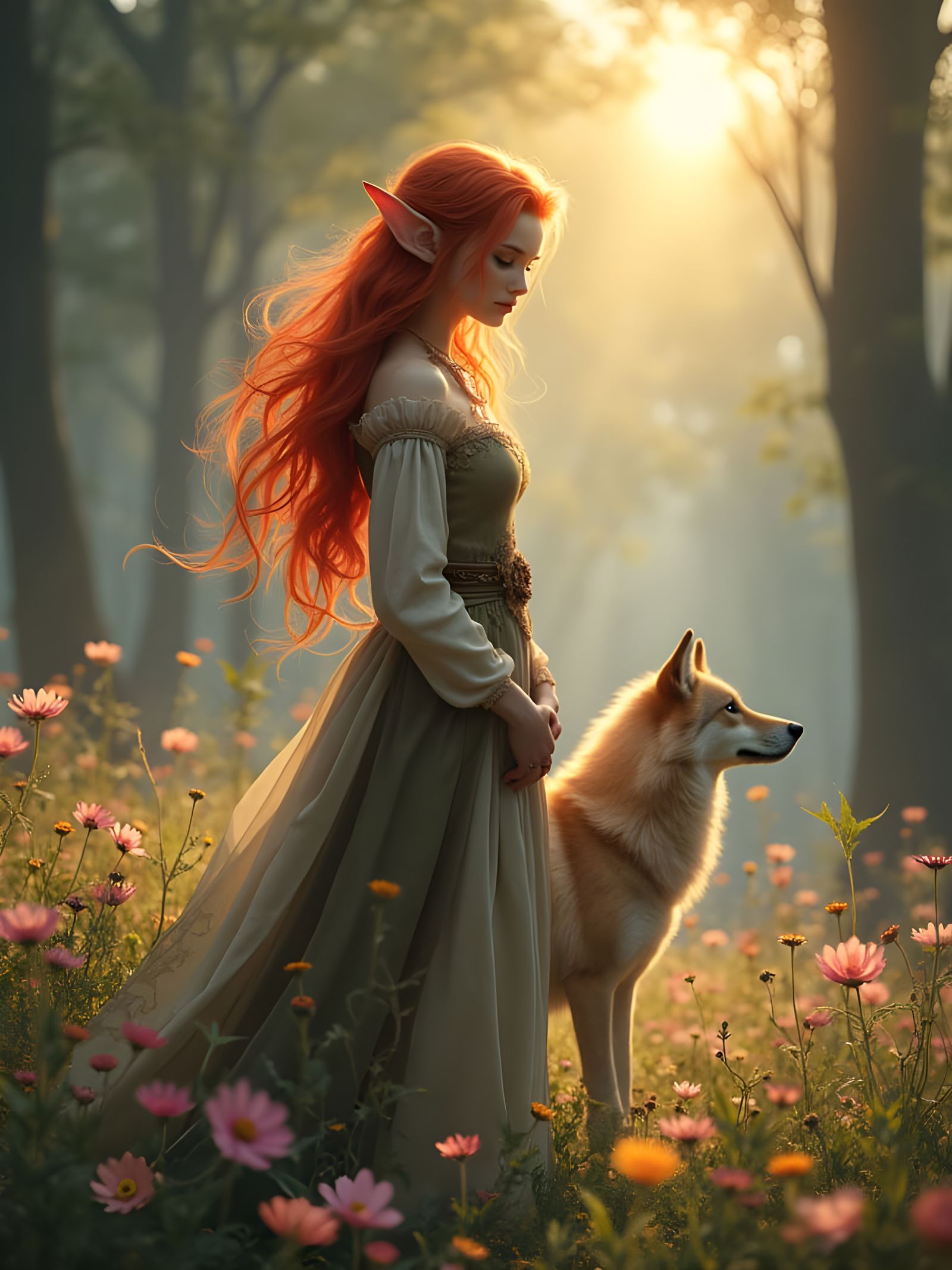 Elven Warrior in Misty Forest: A Pre-Raphaelite Vision