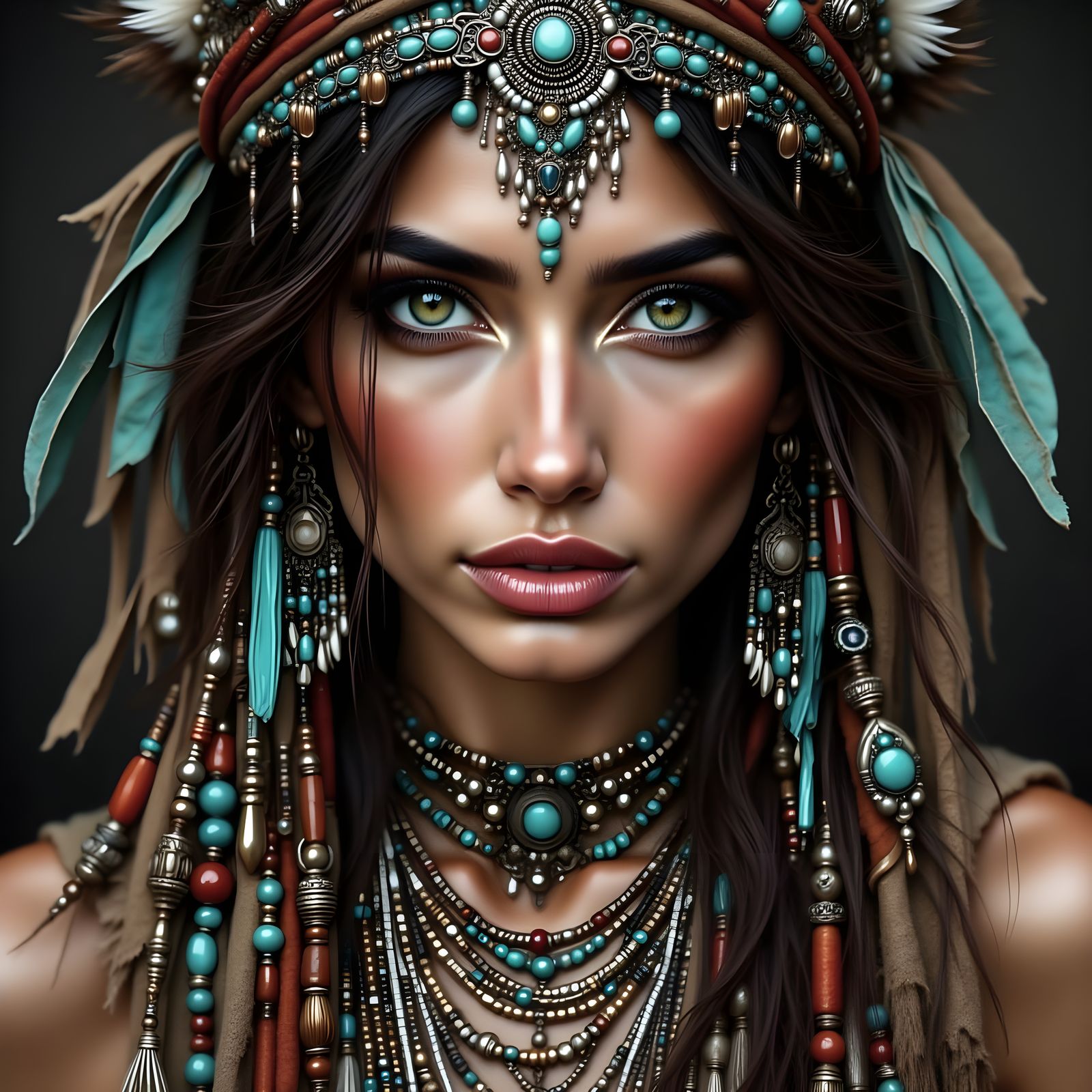Native American Woman with Glowing Skin and Turquoise Jewelr...