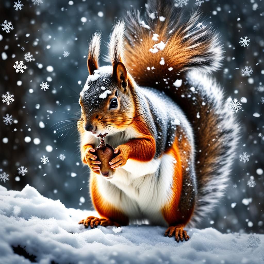 Cute Squirrel in Winter Forest with Snowflakes