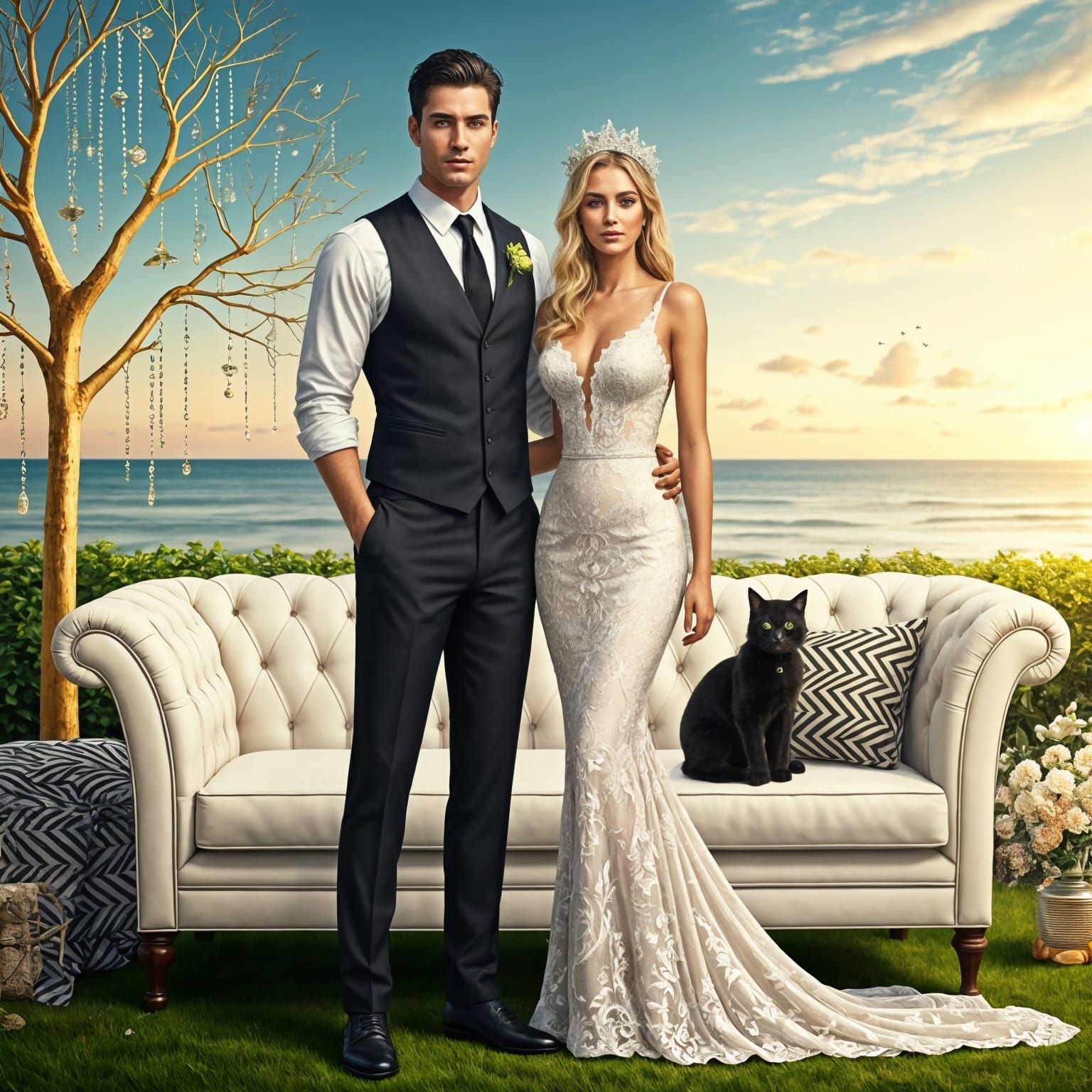 Ethereal Beachside Wedding Scene in Whimsical Digital Illust...