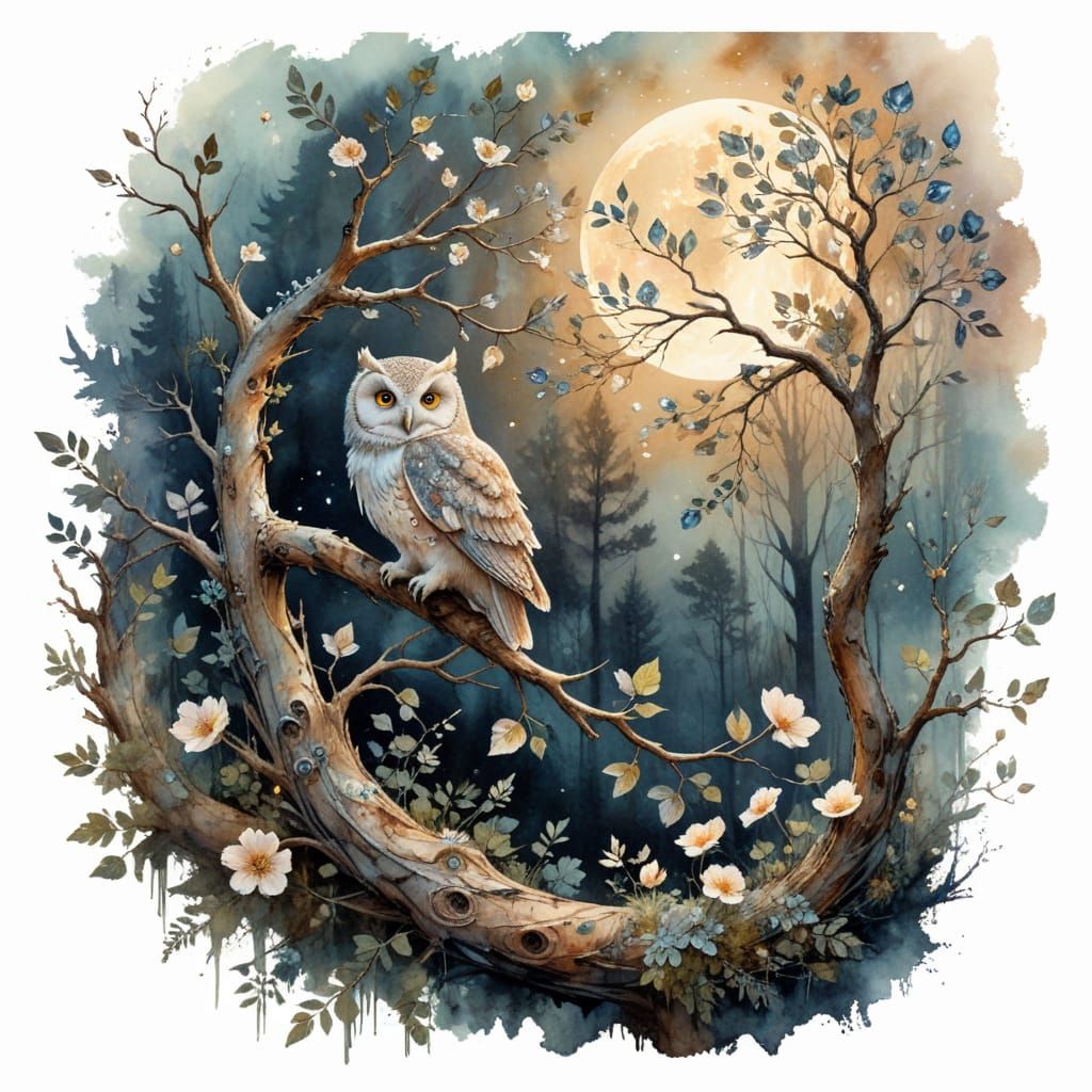 Whimsical Owl in Moonlit Woodland, Dreamlike Watercolor Art
