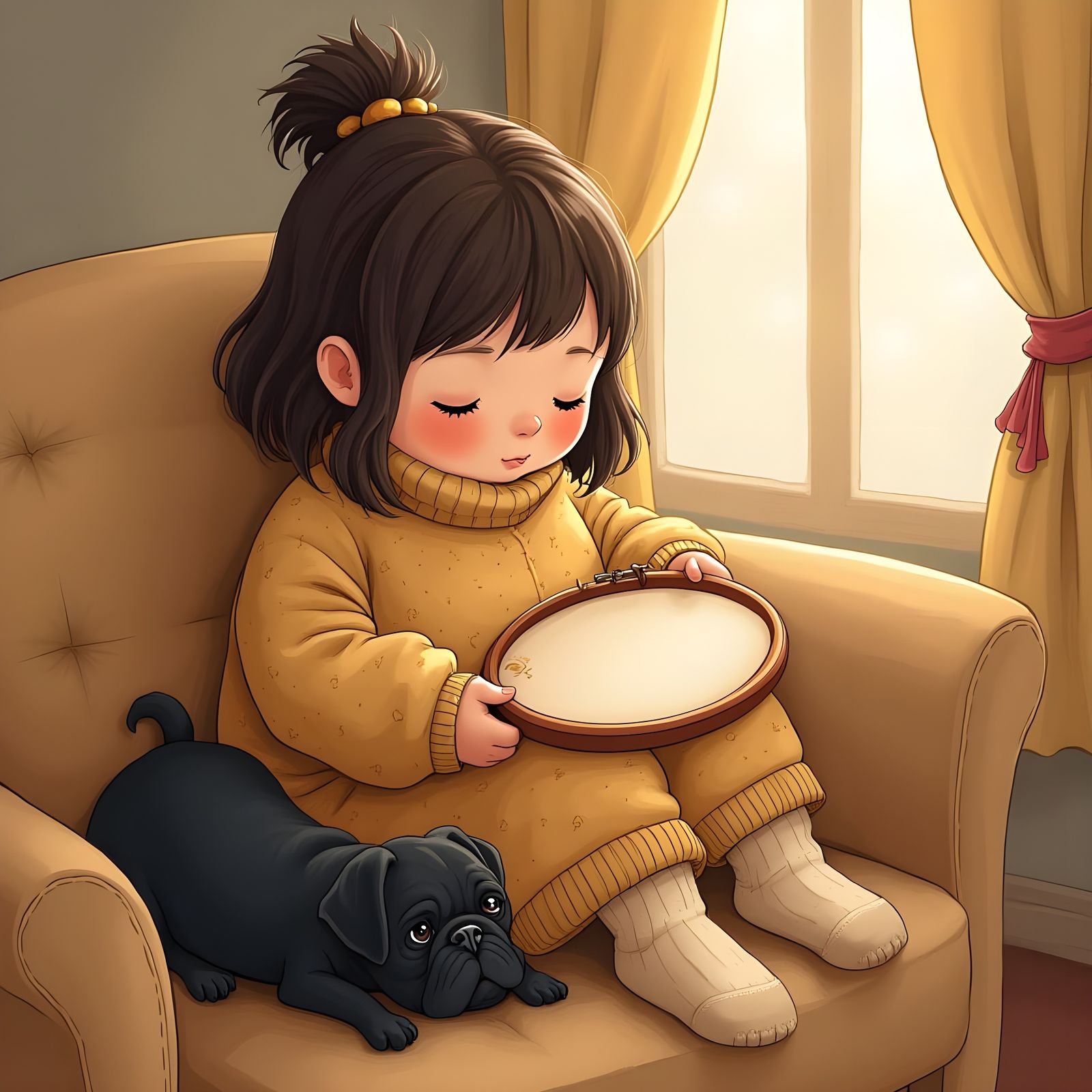 Cozy Domestic Scene in Whimsical Drawing Style