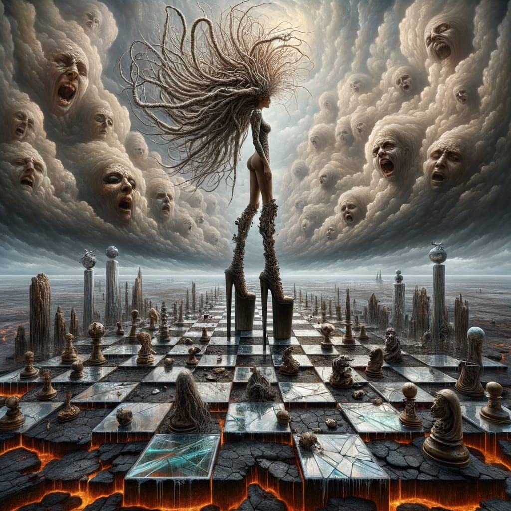 Surreal Lava Landscape with Towering Figure and Shattered Ch...