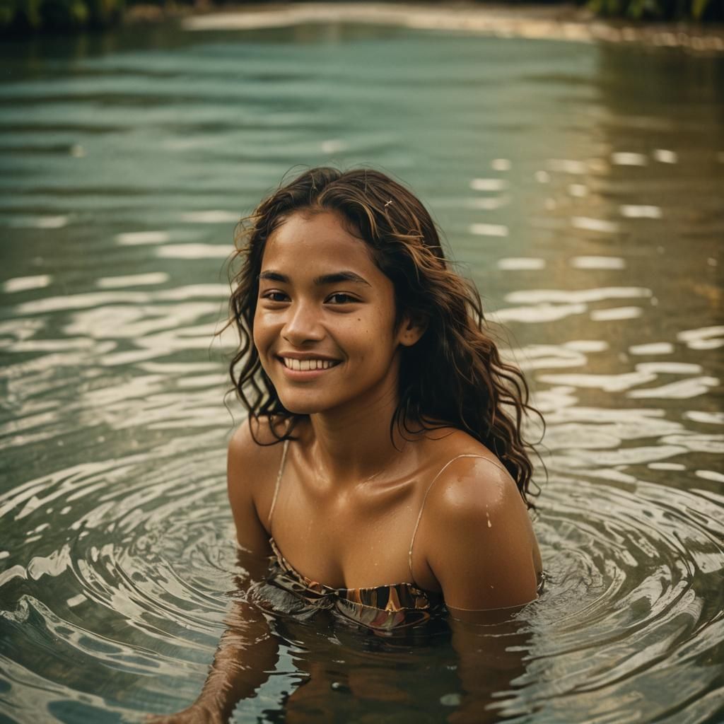 Smiling Tahitian Woman in Golden Light, Impressionistic Styl...