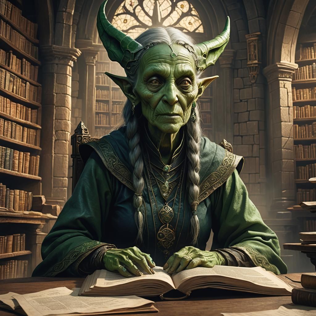 Blind Githzerai Woman Reads in Castle Library