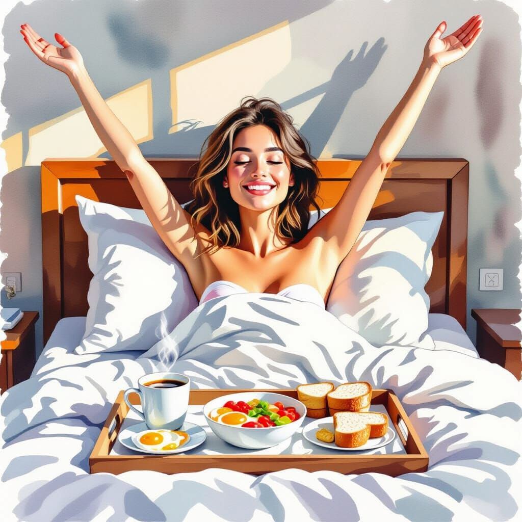 Woman Enjoys Vegetarian Breakfast in Bed as Watercolour Pain...