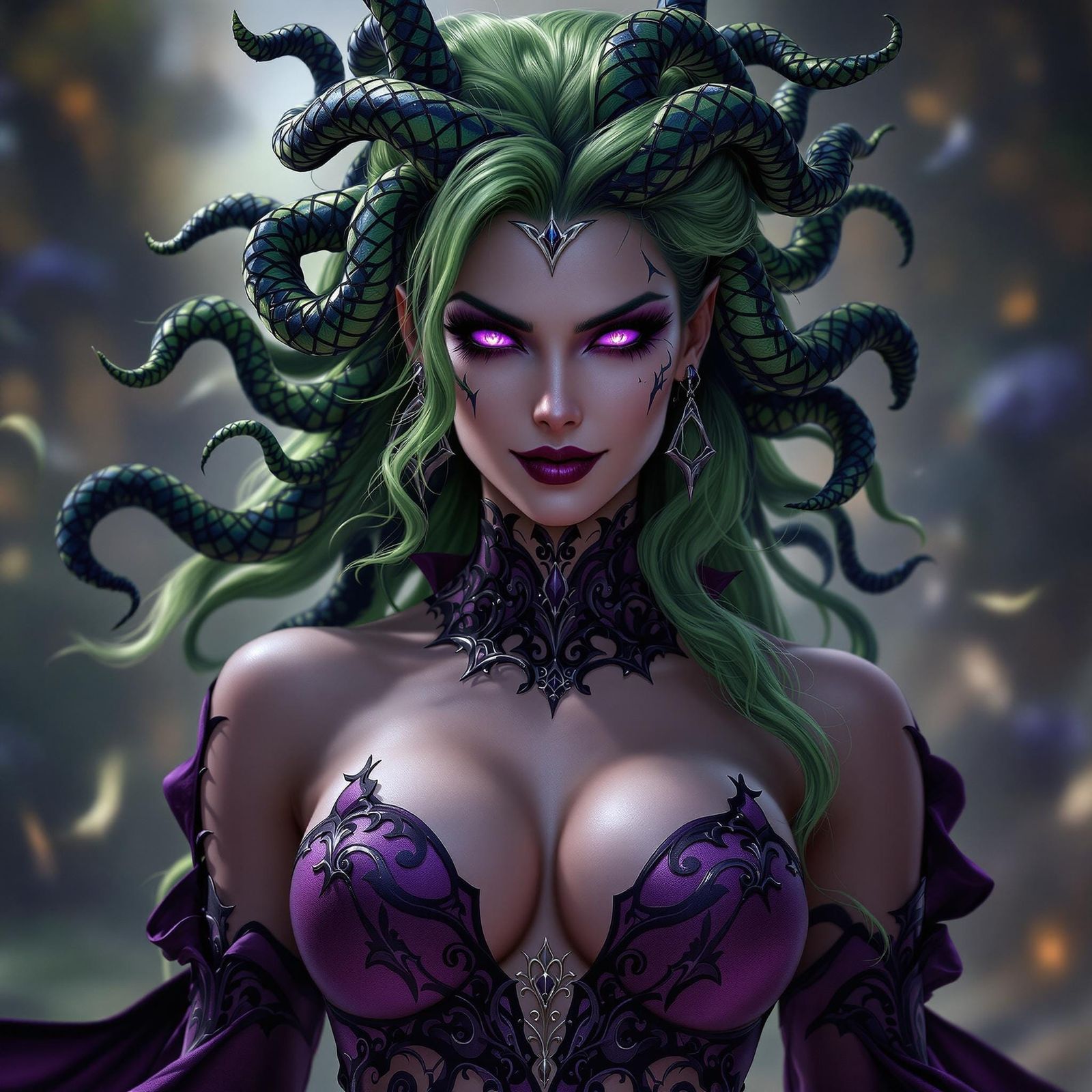 Dark Sorceress in Plum-Colored Regalia