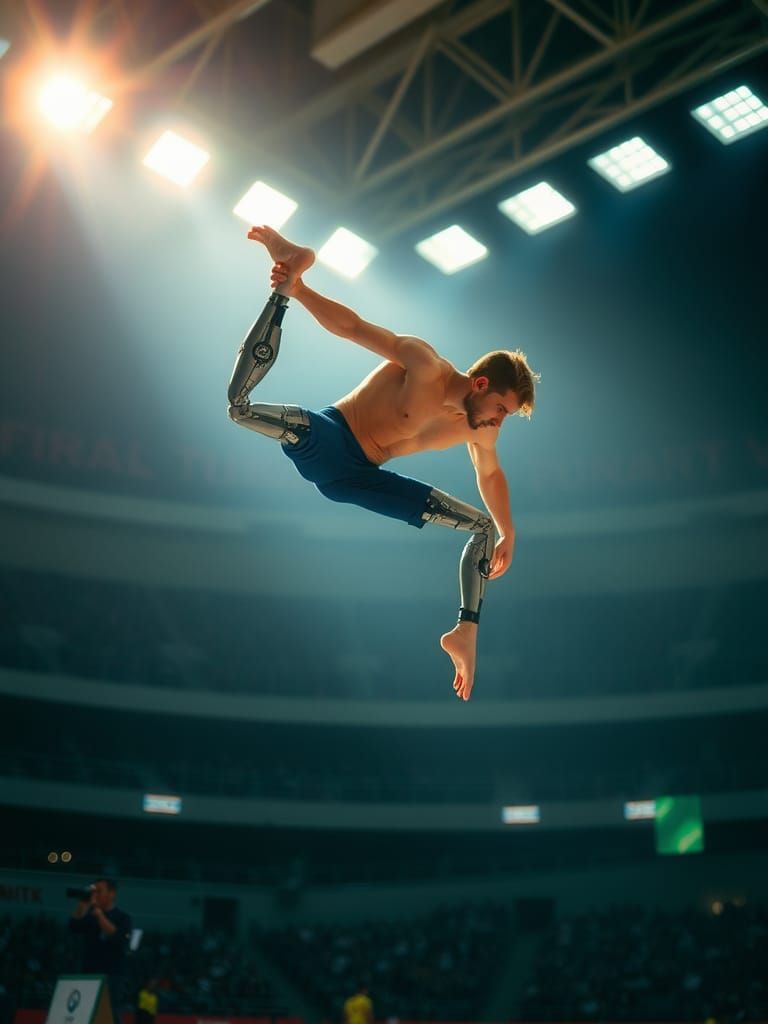 Amputee in prosthetics doing gymnastics