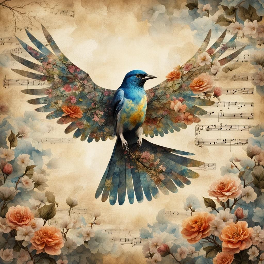 Sheet Music Bird in Watercolor Collage Art