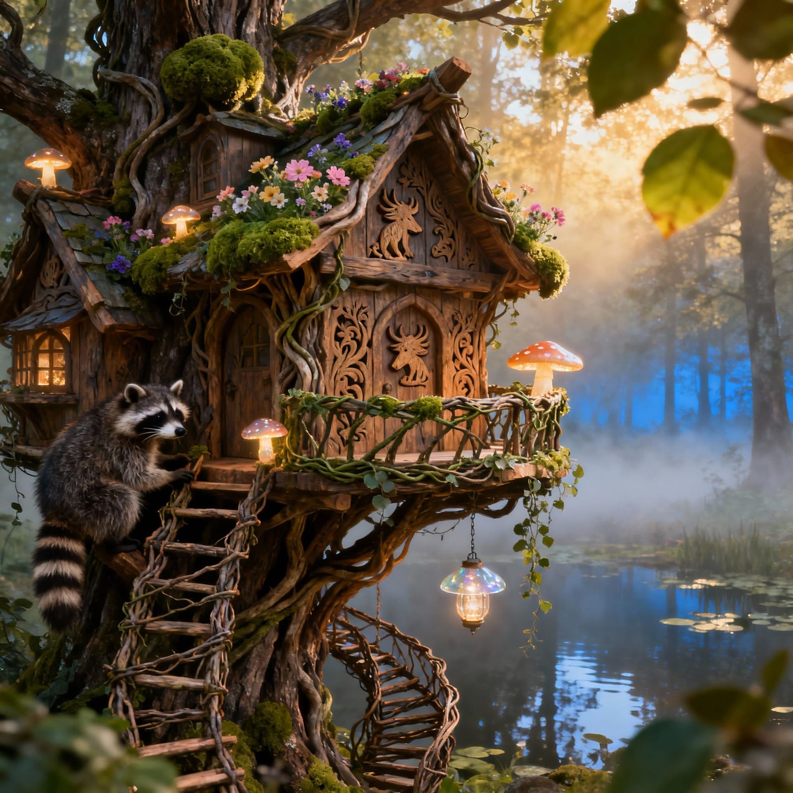 Raccoon Architect Building Whimsical Treehouses