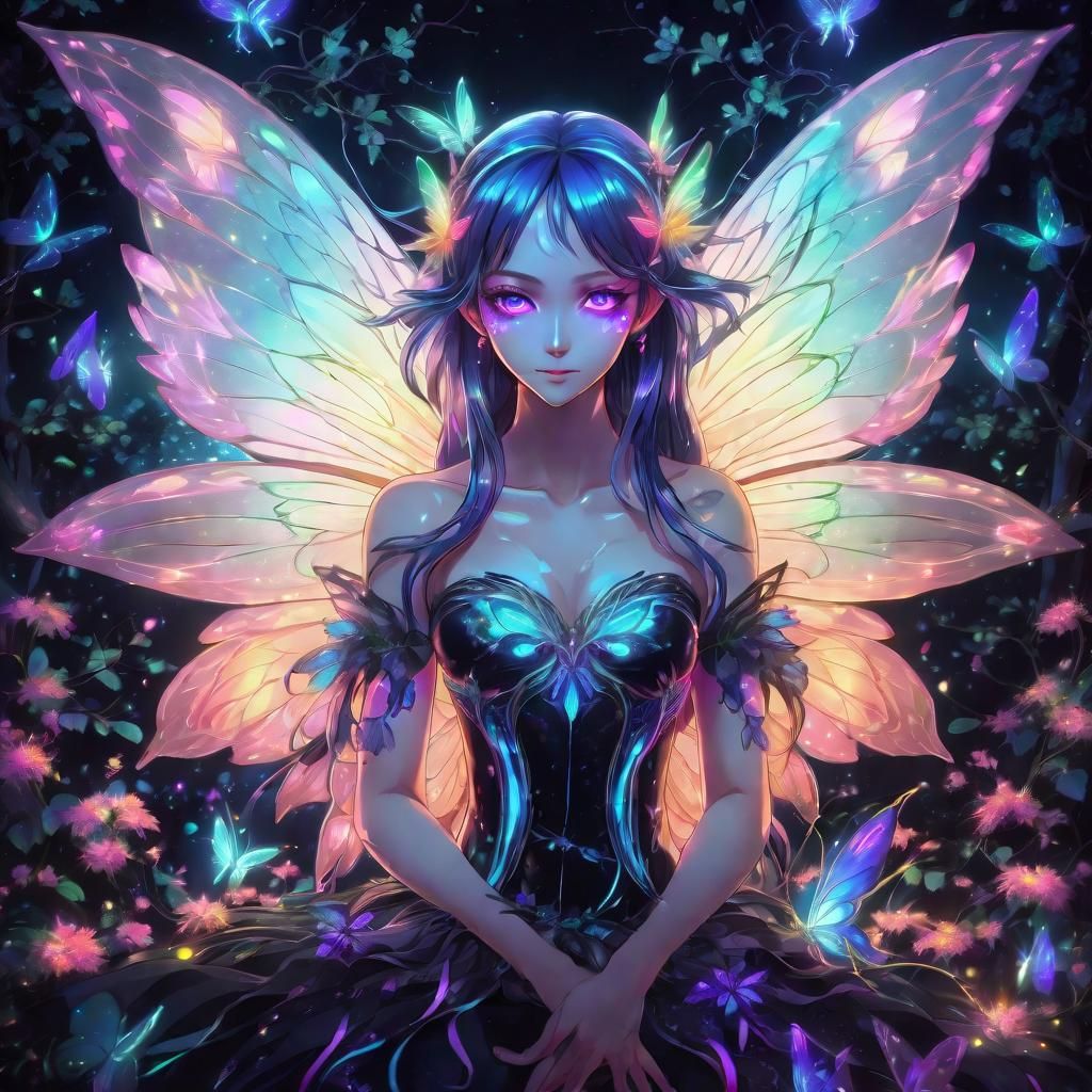 Enchanting Anime Fairy Portrait in Neon Colors