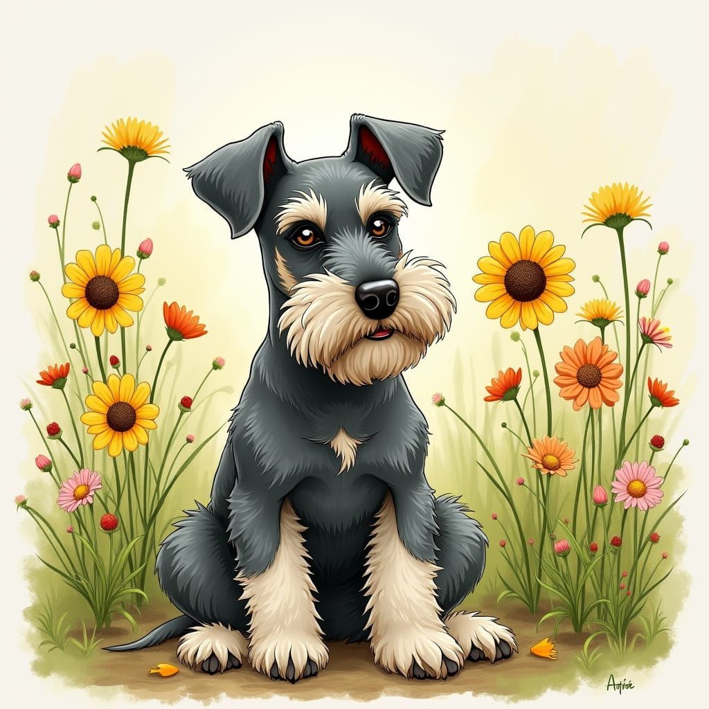Whimsical Ink Portrait of a Miniature Schnauzer in a Field o...