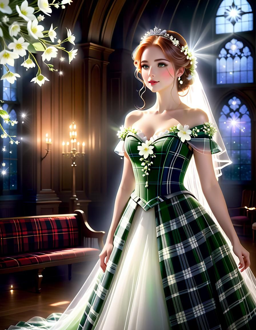 Tartan Bride in Ethereal Hall: Fashion Photography