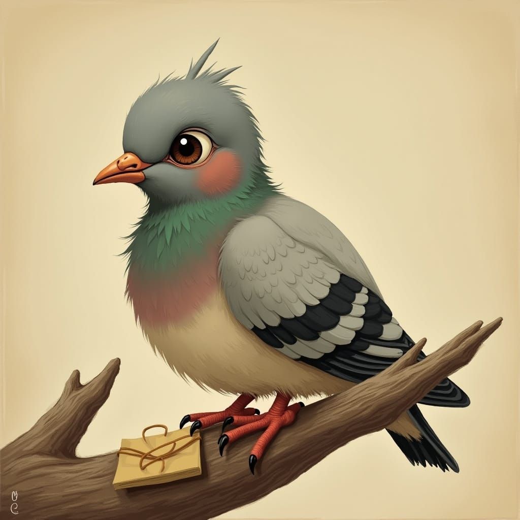 Whimsical Pigeon with Letter in Earthy Tones