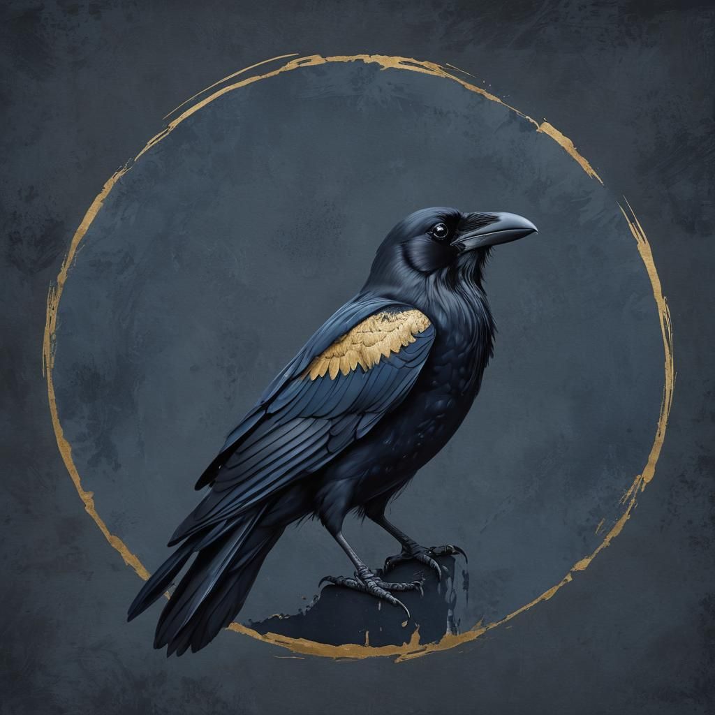 Raven with Gold Circle on Blue Monochrome