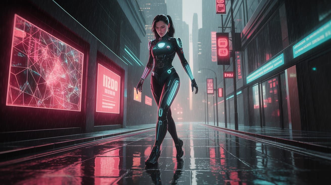 Cyberpunk Woman in Neon Cityscape Digital Art