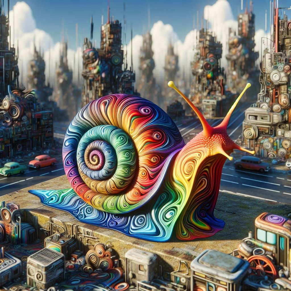 Psychedelic Snail in a Trash Cityscape