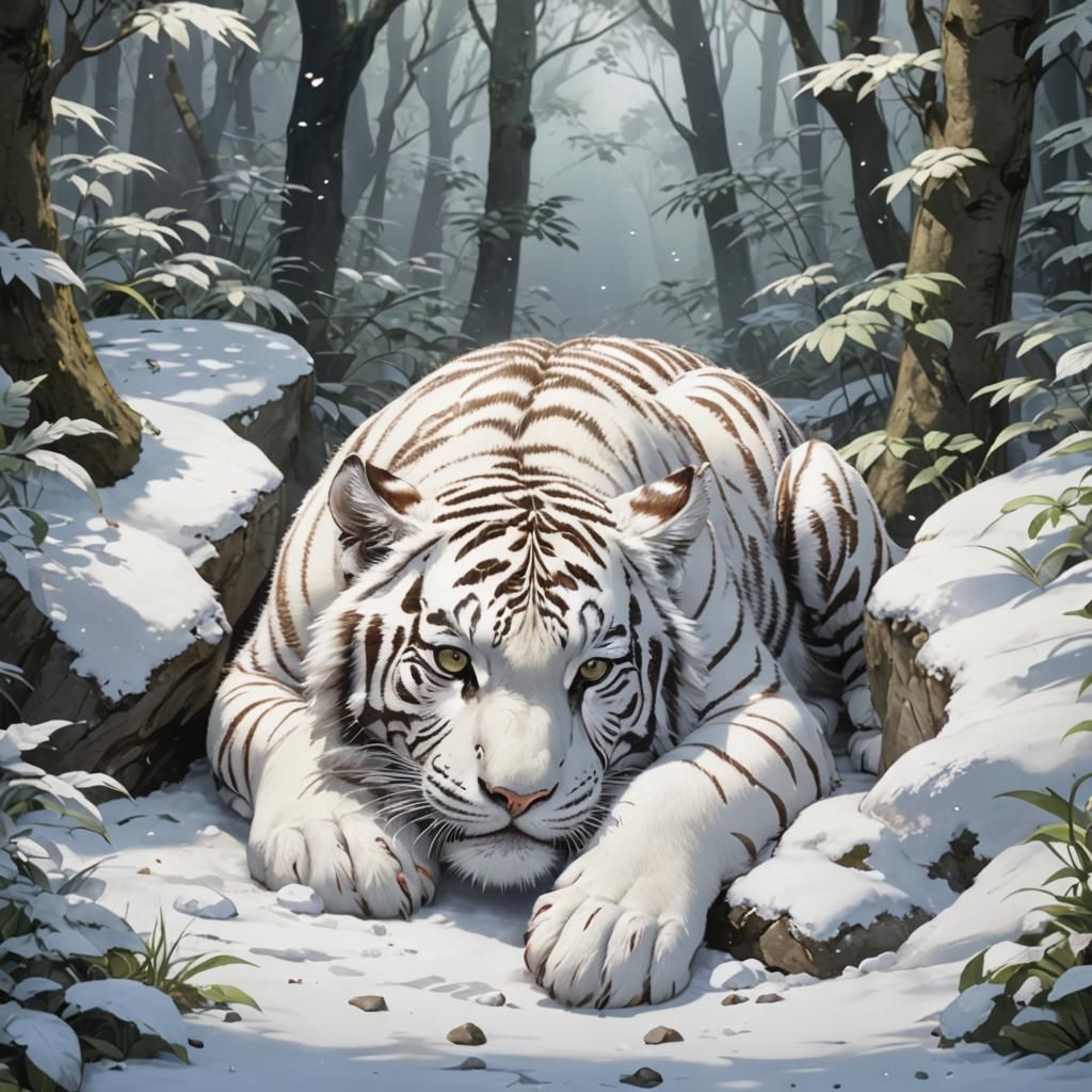 Sleeping White Tiger Cub in Anime Style