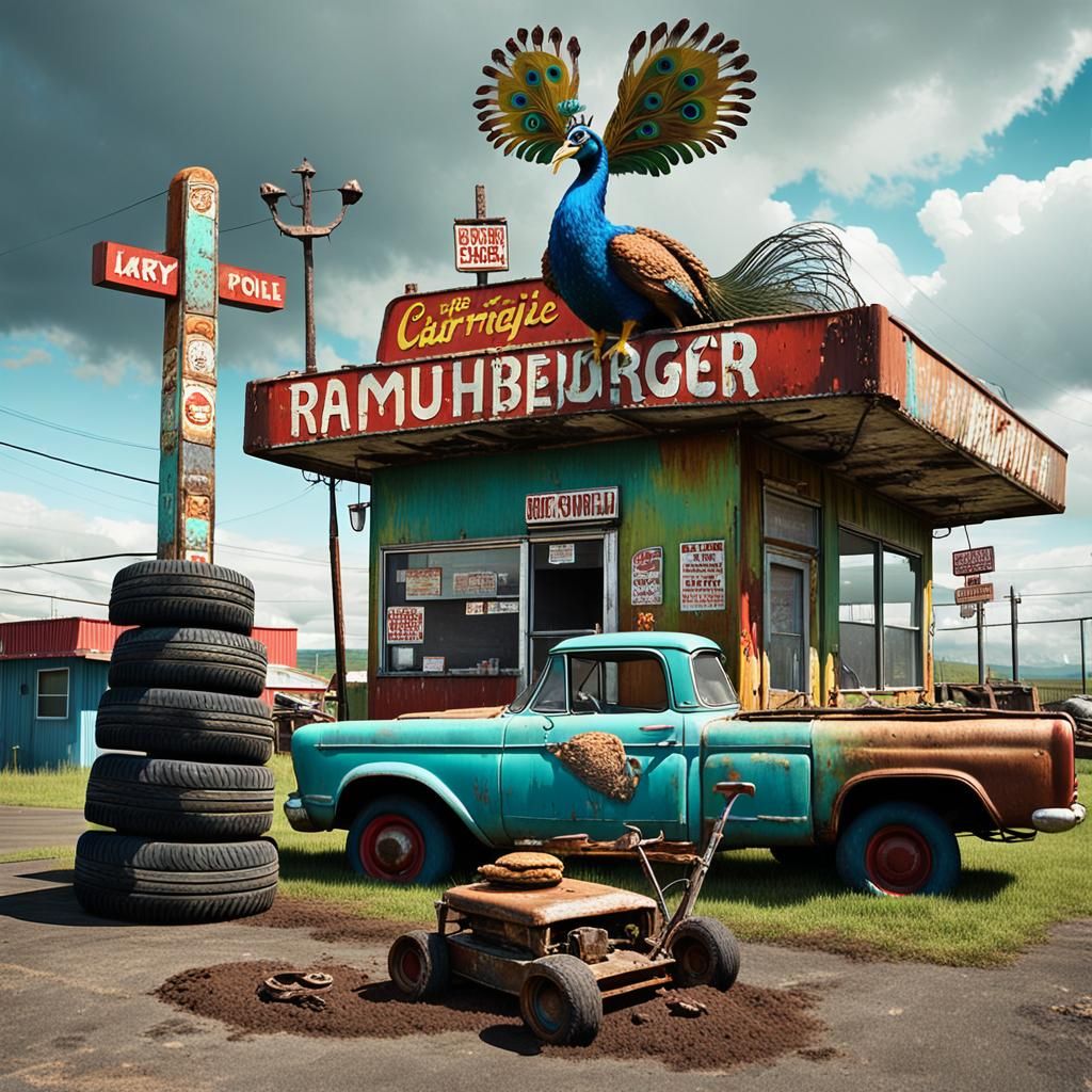 Post-Apocalyptic Surrealist Fast Food with Peacock