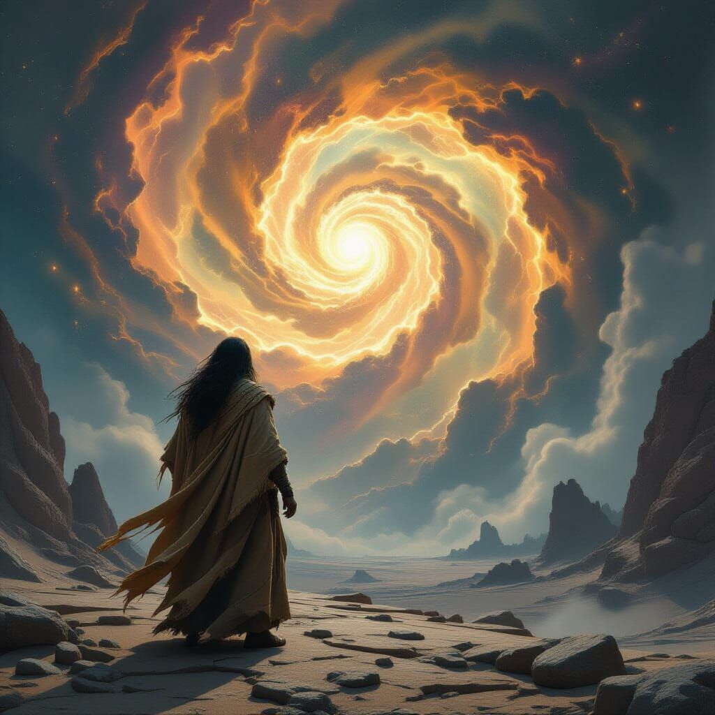 Cosmic Shaman Gazing at Nebula Vortex