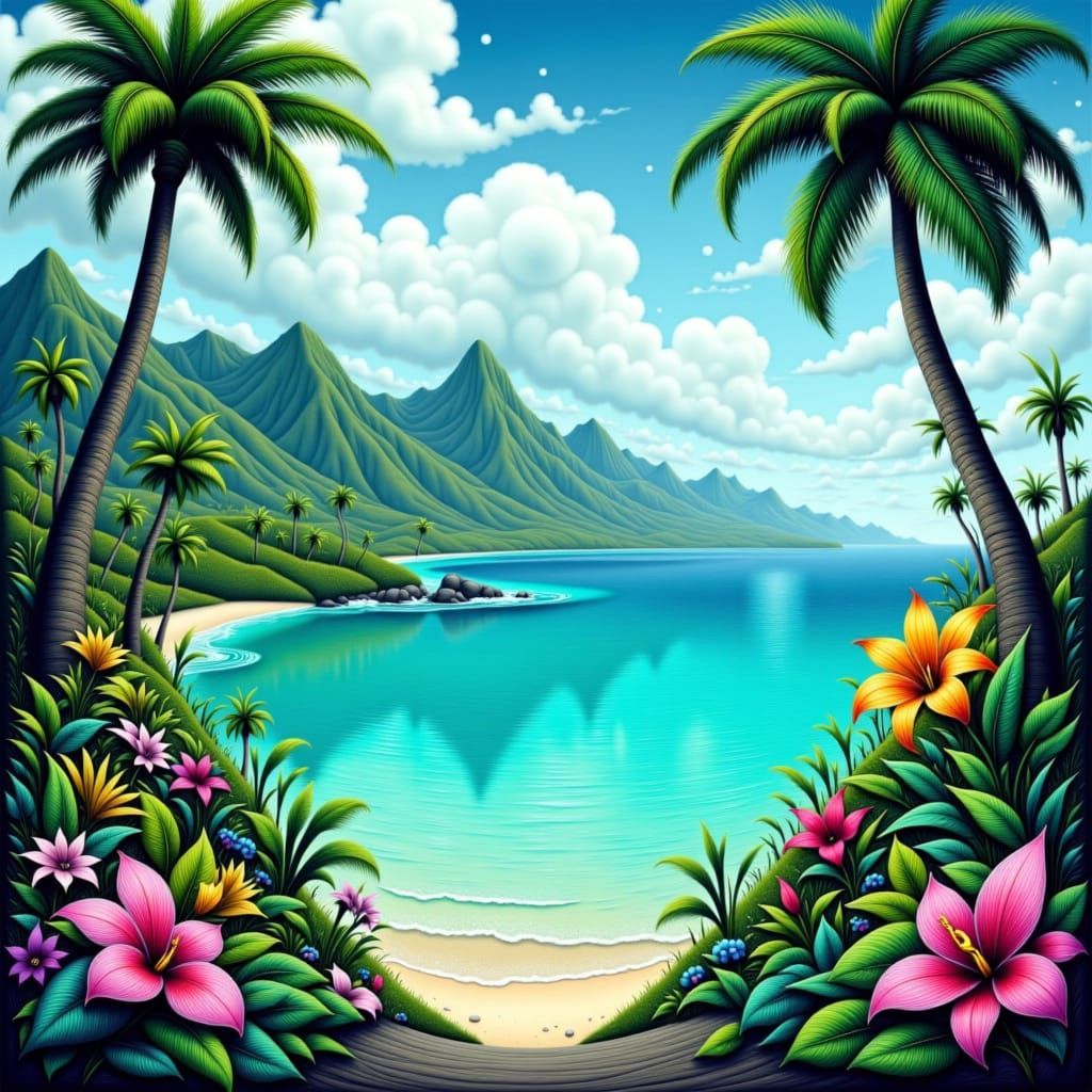 Dreamy Hawaiian Landscape in Vibrant Style