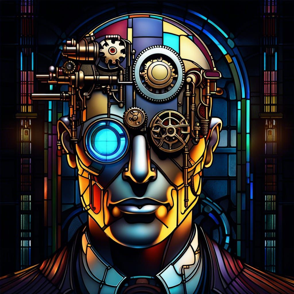 Cyberpunk Man Head in Bauhaus Stained Glass Style