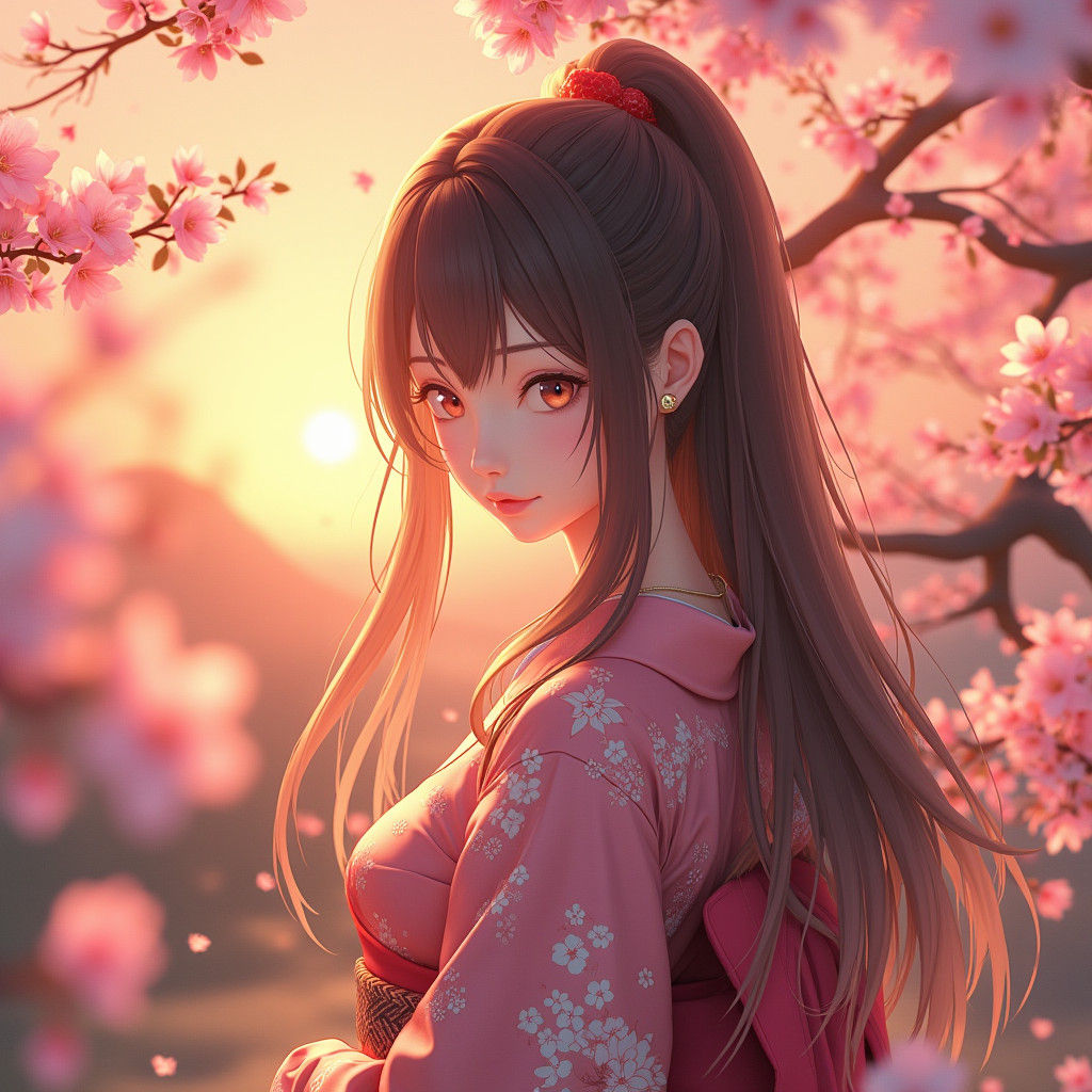 Kimono Woman Cherry Blossom Sunset: Anime Portrait