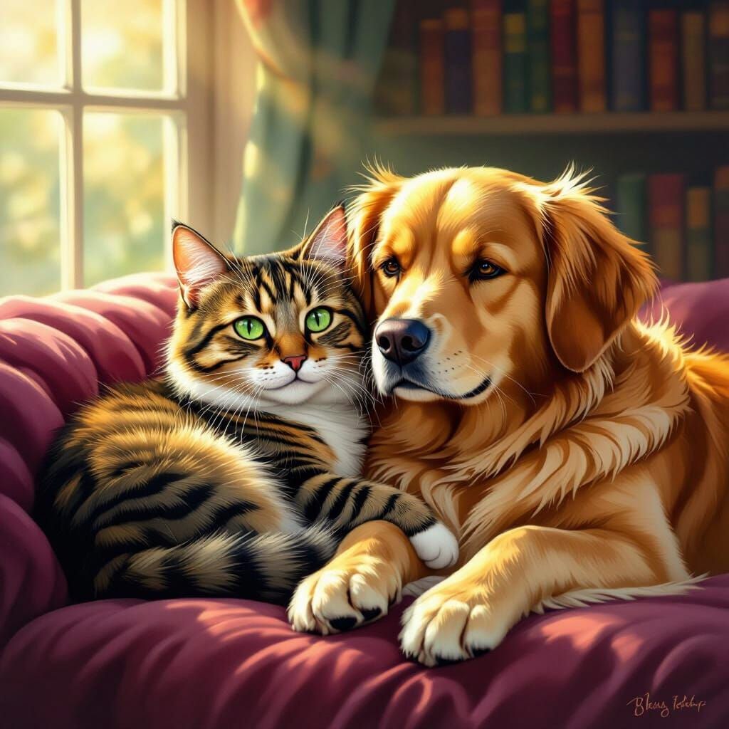 Cat and Dog Cuddle in Cozy Library