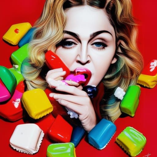 Madonna Eating Candy: Hyperrealistic Splash Art