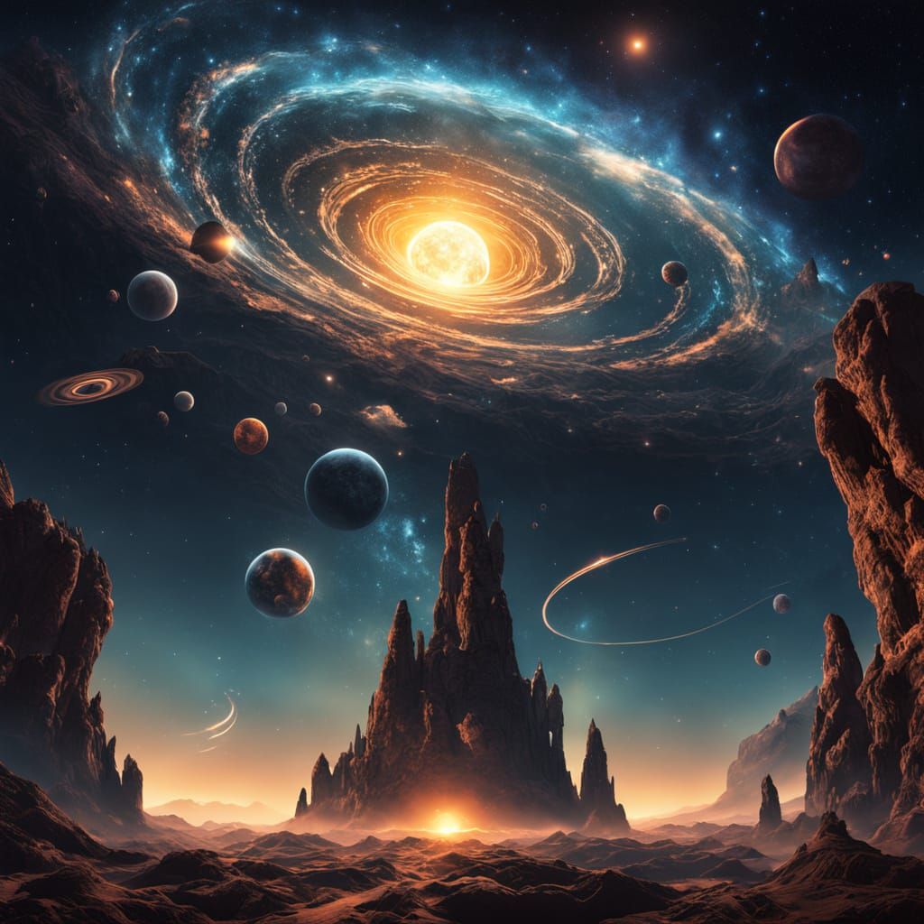 Surreal Hands Hold Glowing City in Cosmic Landscape