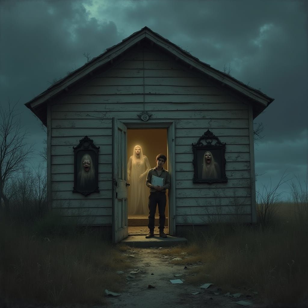 Mysterious Abandoned House in Twilight Atmosphere, Digital P...