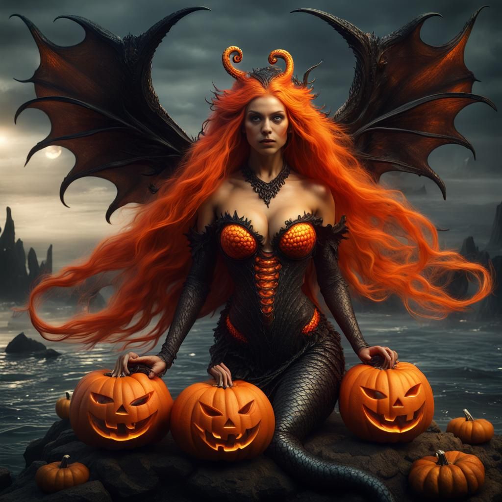Hyperrealistic Halloween Mermaid Pumpkin with Wings