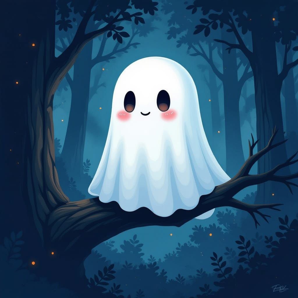 Ghostly Anime Girl on Tree Branch in Foggy Forest