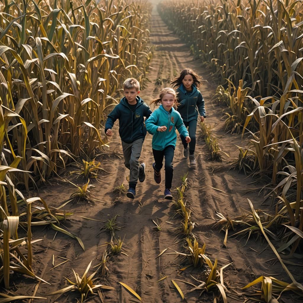 Siblings Run Through Corn Maze in Cyberpunk Style