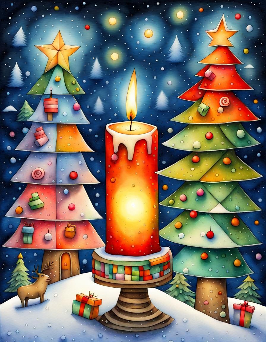 Festive Christmas Candle in Cubist Watercolor Style