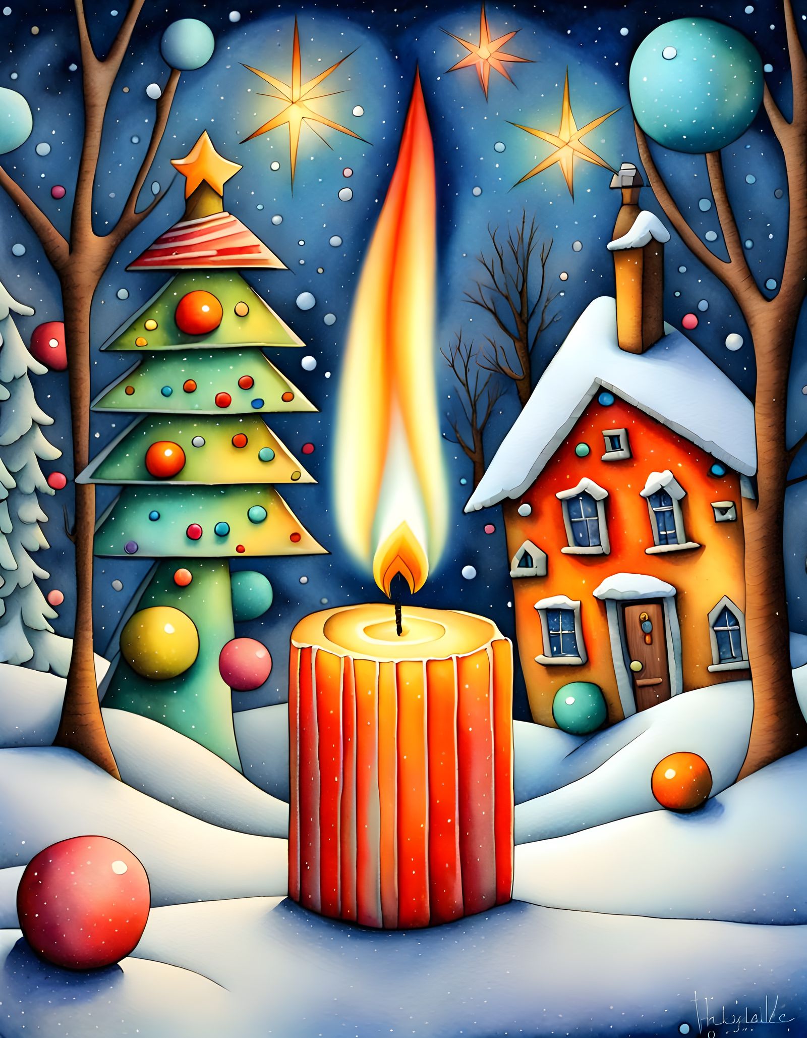 Festive Christmas Candle in Cubist Watercolor Style