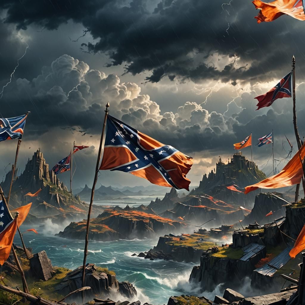 Rebel Flag Amidst Floating Islands, Fantasy Art