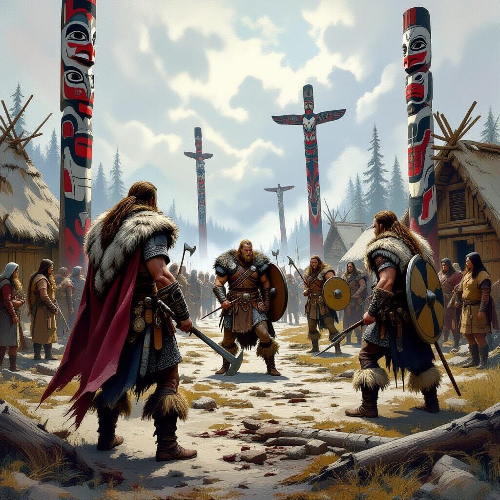 Vikings Raid Alaskan Village in Fantasy Art Style