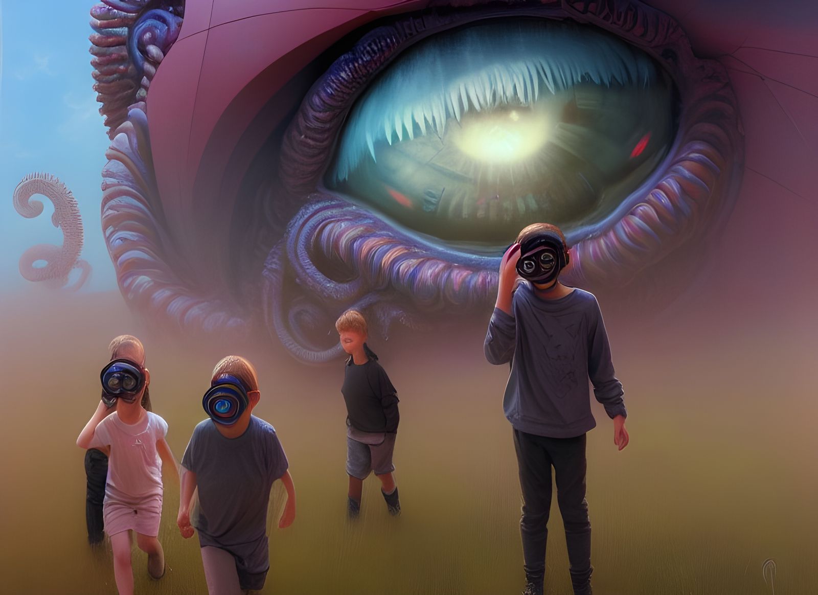 Hypnotized Children Before Cthulhu Eye, Hyperdetailed Art