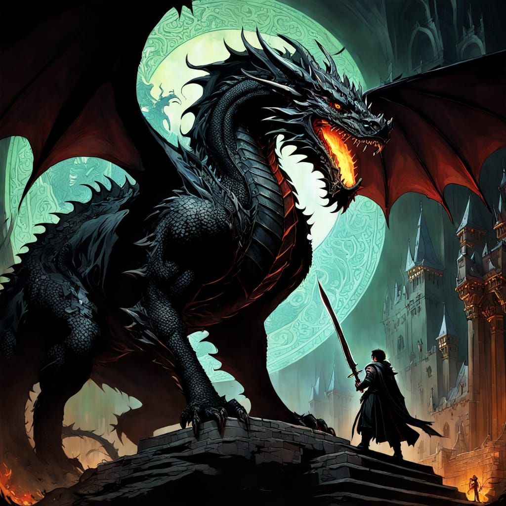 A Knight Confronts a Majestic Black Dragon in a Medieval Mas...
