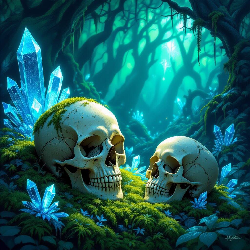 Bioluminescent Skulls in Enchanted Alien Forest