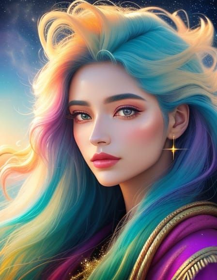 Ethereal Woman with Cosmic Hair on Misty Beach
