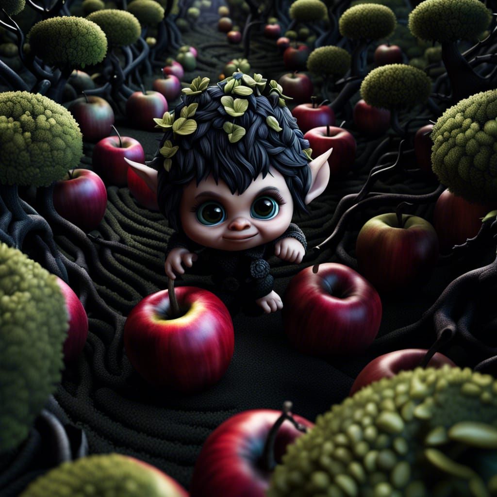 Creepy Chibi Troll in Apple Maze: Photorealistic Art