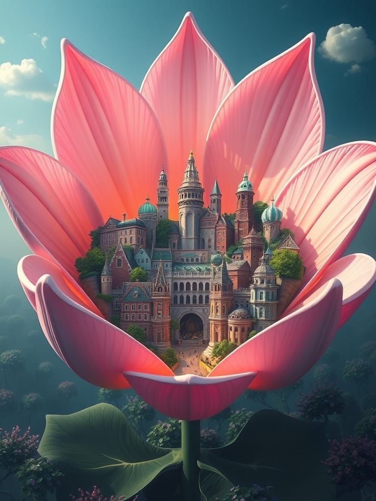 Cityscape Within Giant Flower Petals
