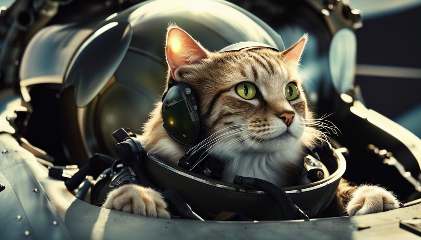 Photorealistic Cat Pilot in Fighter Jet Cockpit
