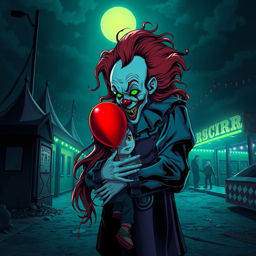 Creepy Clown Embraces Child With Red Balloon in Neon Carniva...